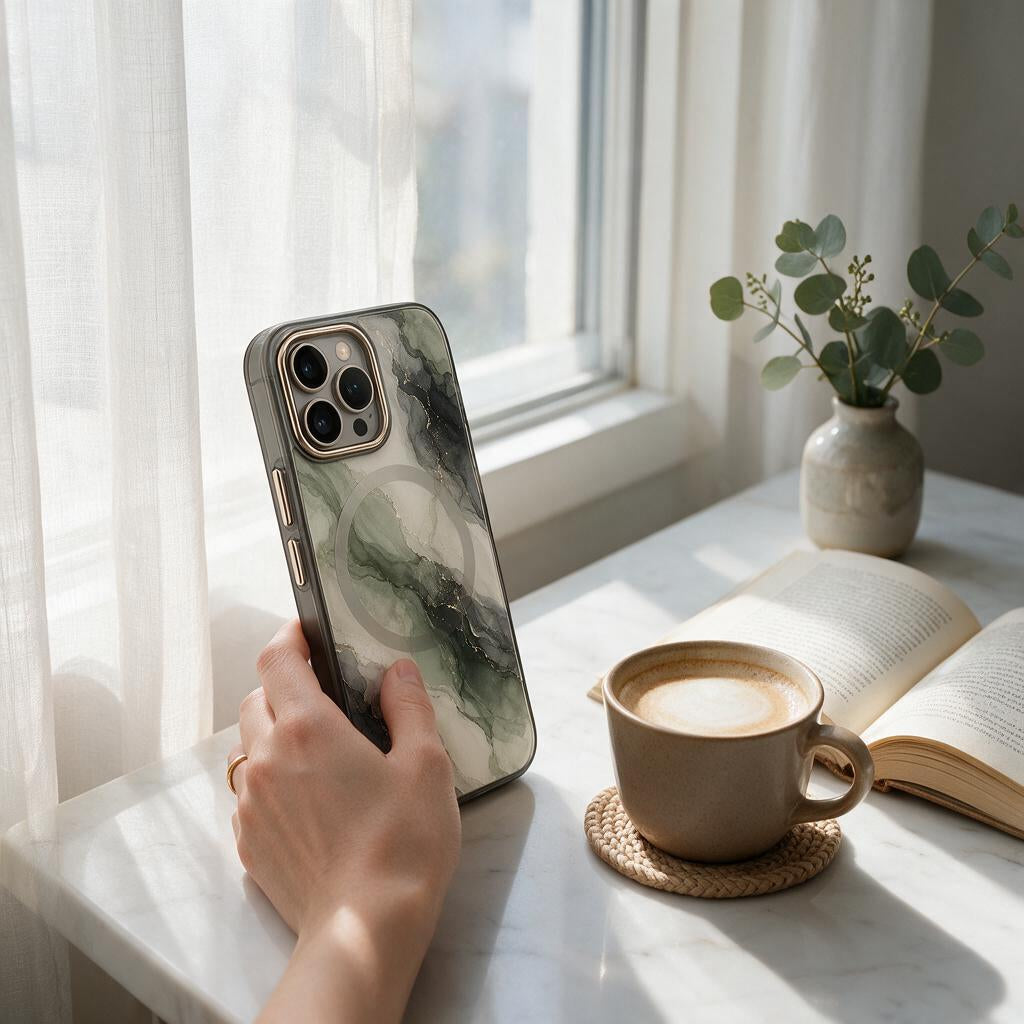 Sage & Smoke Marble Magnetic Phone Case — lifestyle view