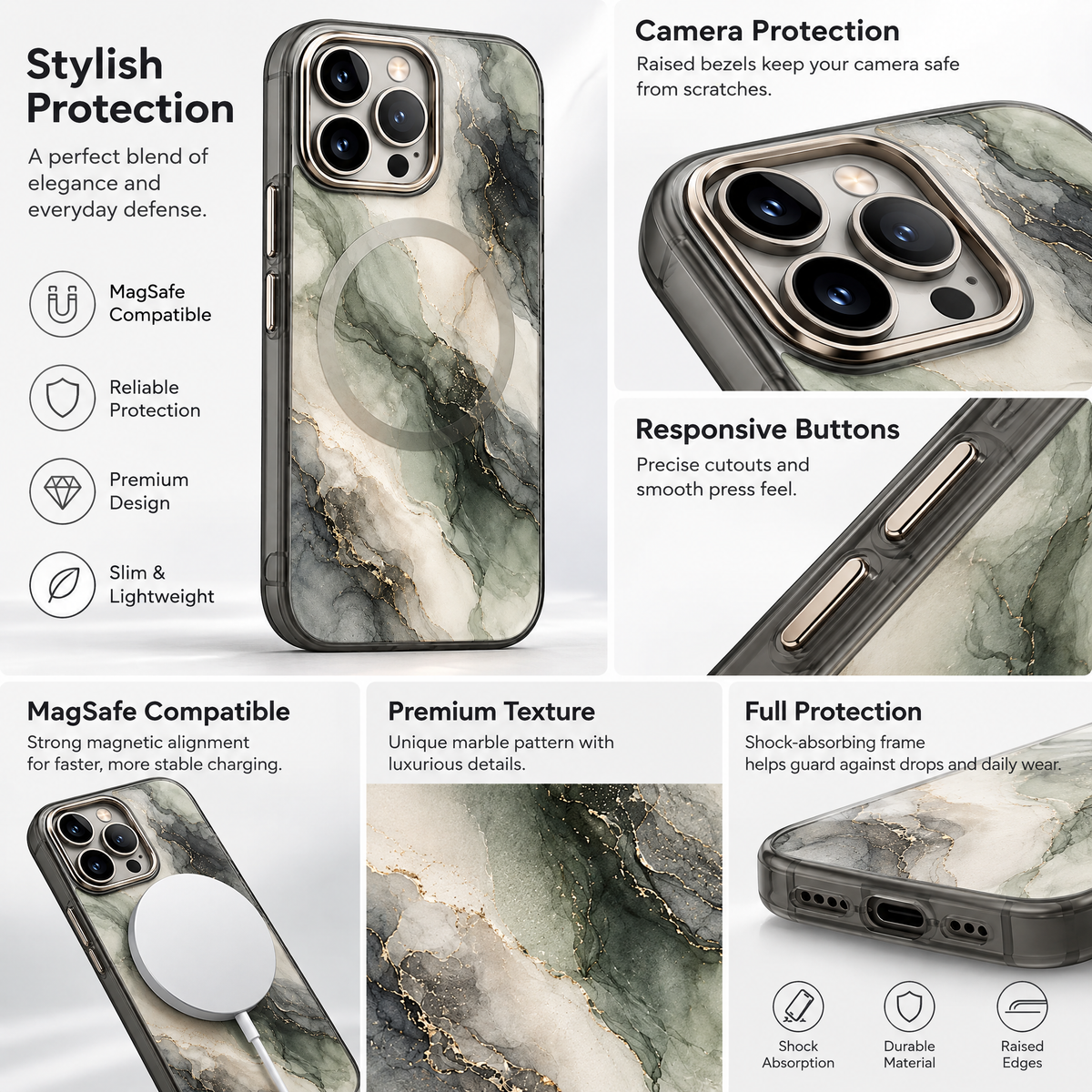 Sage & Smoke Marble Magnetic Phone Case — design details