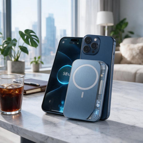 Frosted Blue Magnetic Power Bank — lifestyle view