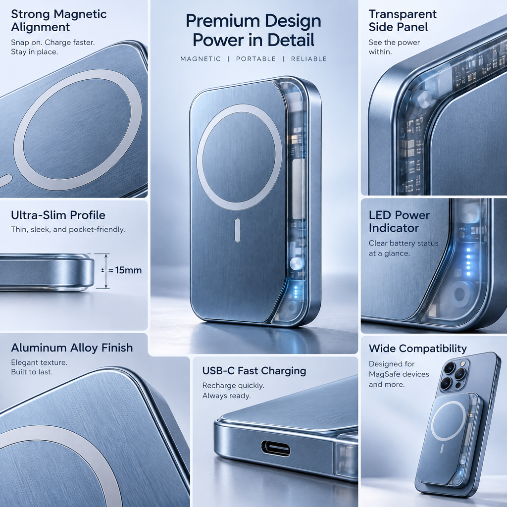 Frosted Blue Magnetic Power Bank — design details