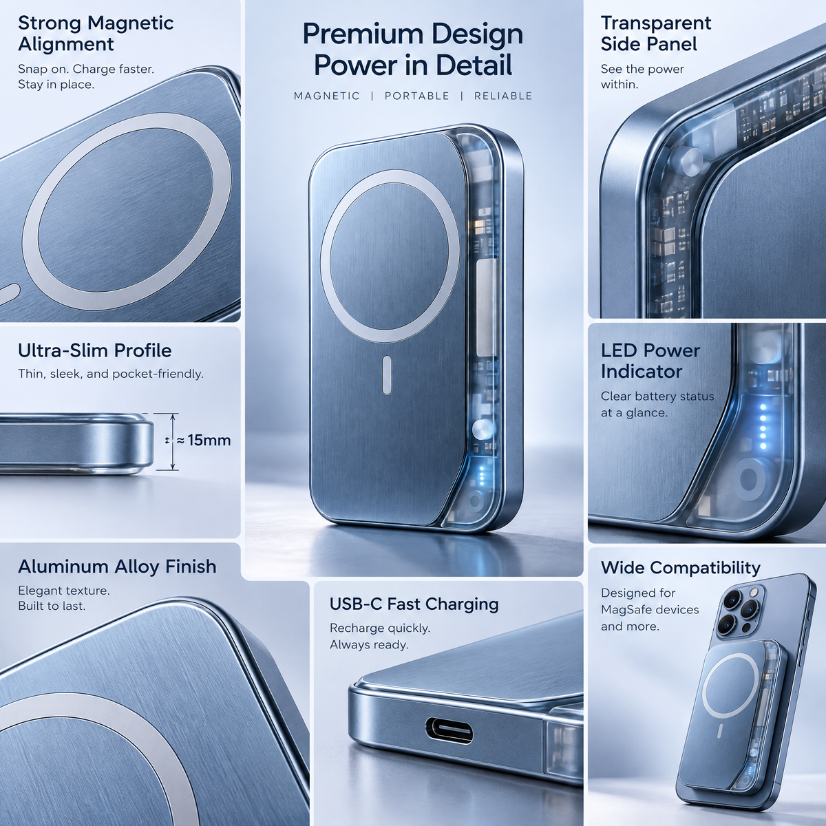 Frosted Blue Magnetic Power Bank — design details