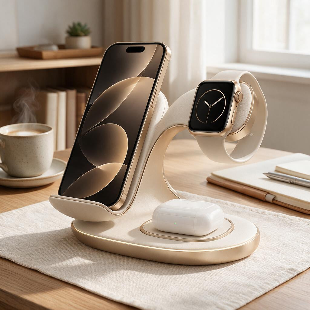 Sculpted Cream 3-in-1 Wireless Charging Station — lifestyle view