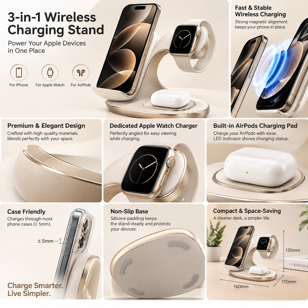 Sculpted Cream 3-in-1 Wireless Charging Station — design details