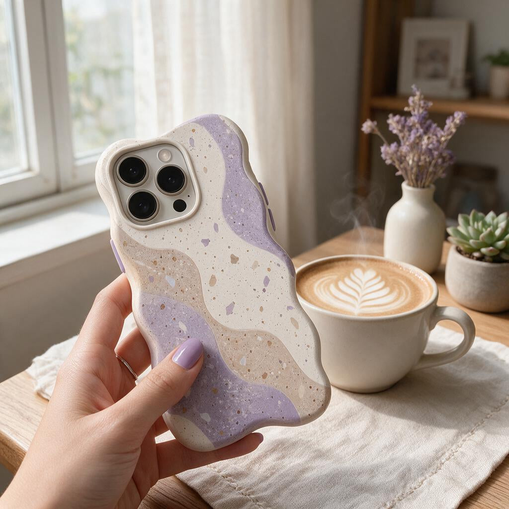 Lilac Terrazzo Sculpted Wave Phone Case — lifestyle view