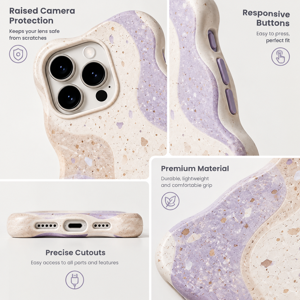 Lilac Terrazzo Sculpted Wave Phone Case — design details