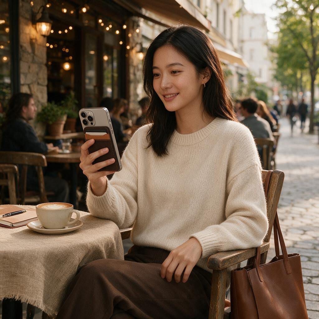 Espresso & Camel Magnetic Wallet Stand — lifestyle view