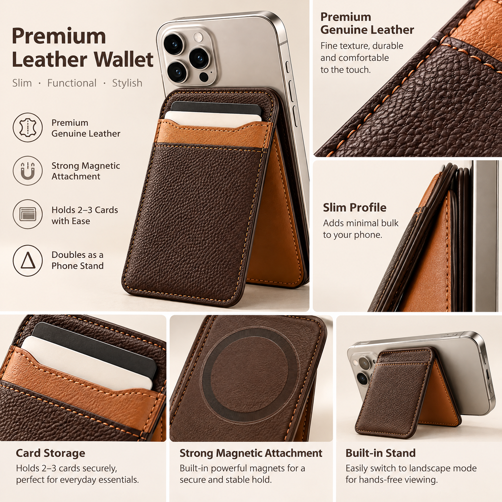 Espresso & Camel Magnetic Wallet Stand — design details