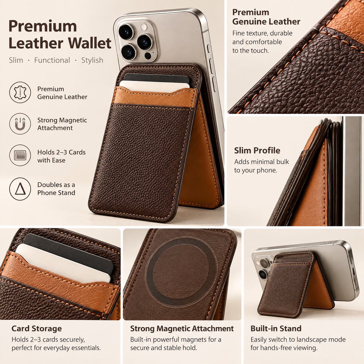 Espresso & Camel Magnetic Wallet Stand — design details