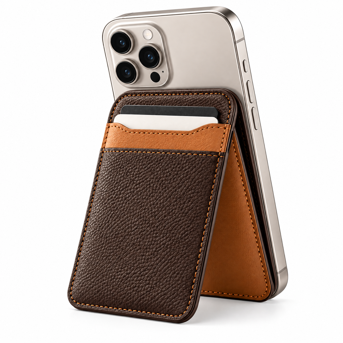 Espresso & Camel Magnetic Wallet Stand — close-up