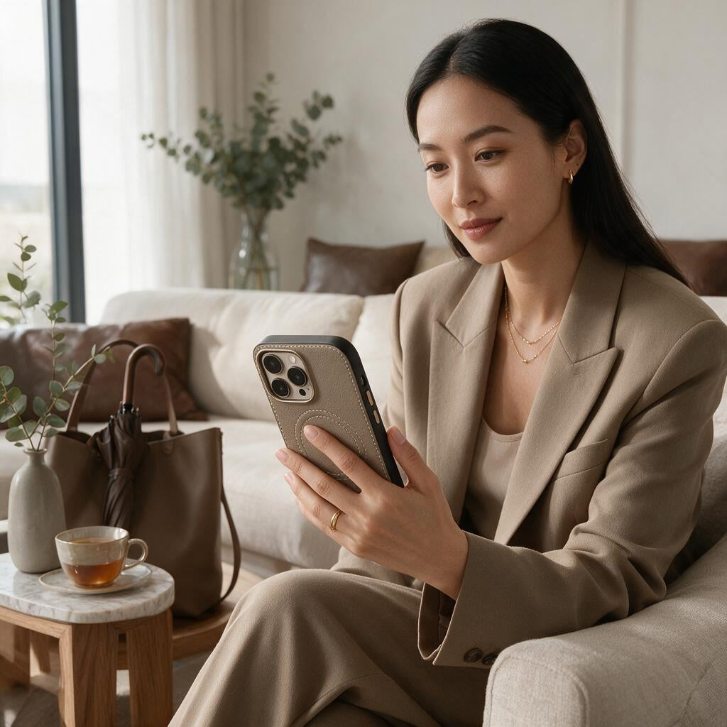 Taupe Pebbled Leather-Look Magnetic Phone Case — lifestyle view