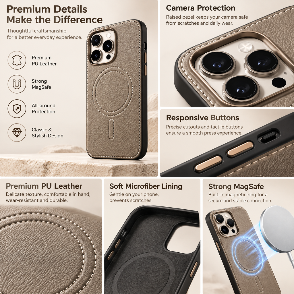 Taupe Pebbled Leather-Look Magnetic Phone Case — design details