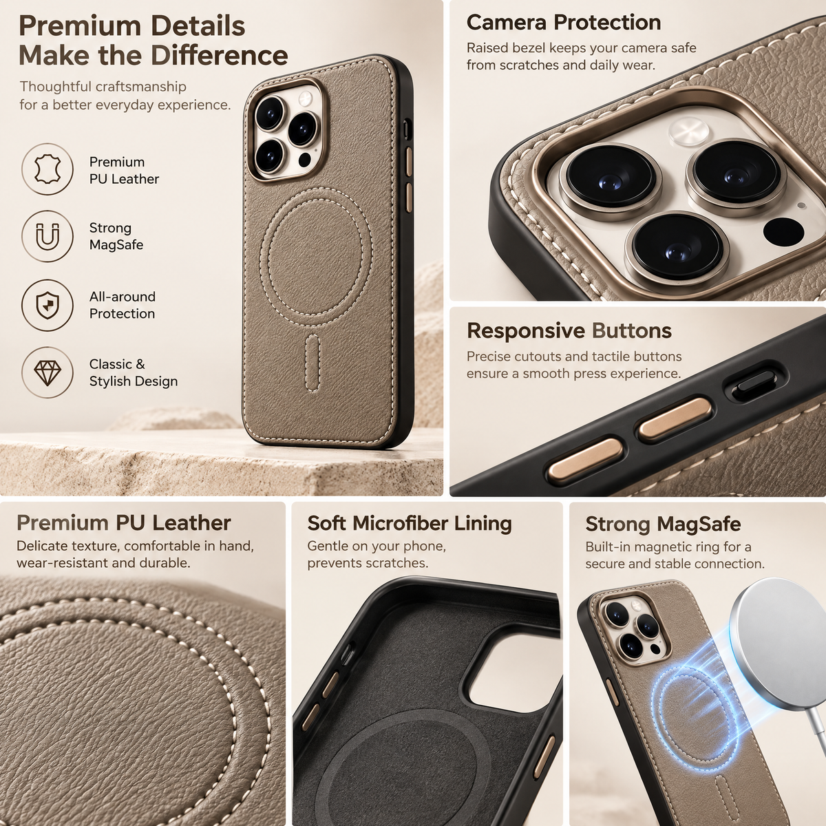 Taupe Pebbled Leather-Look Magnetic Phone Case — design details
