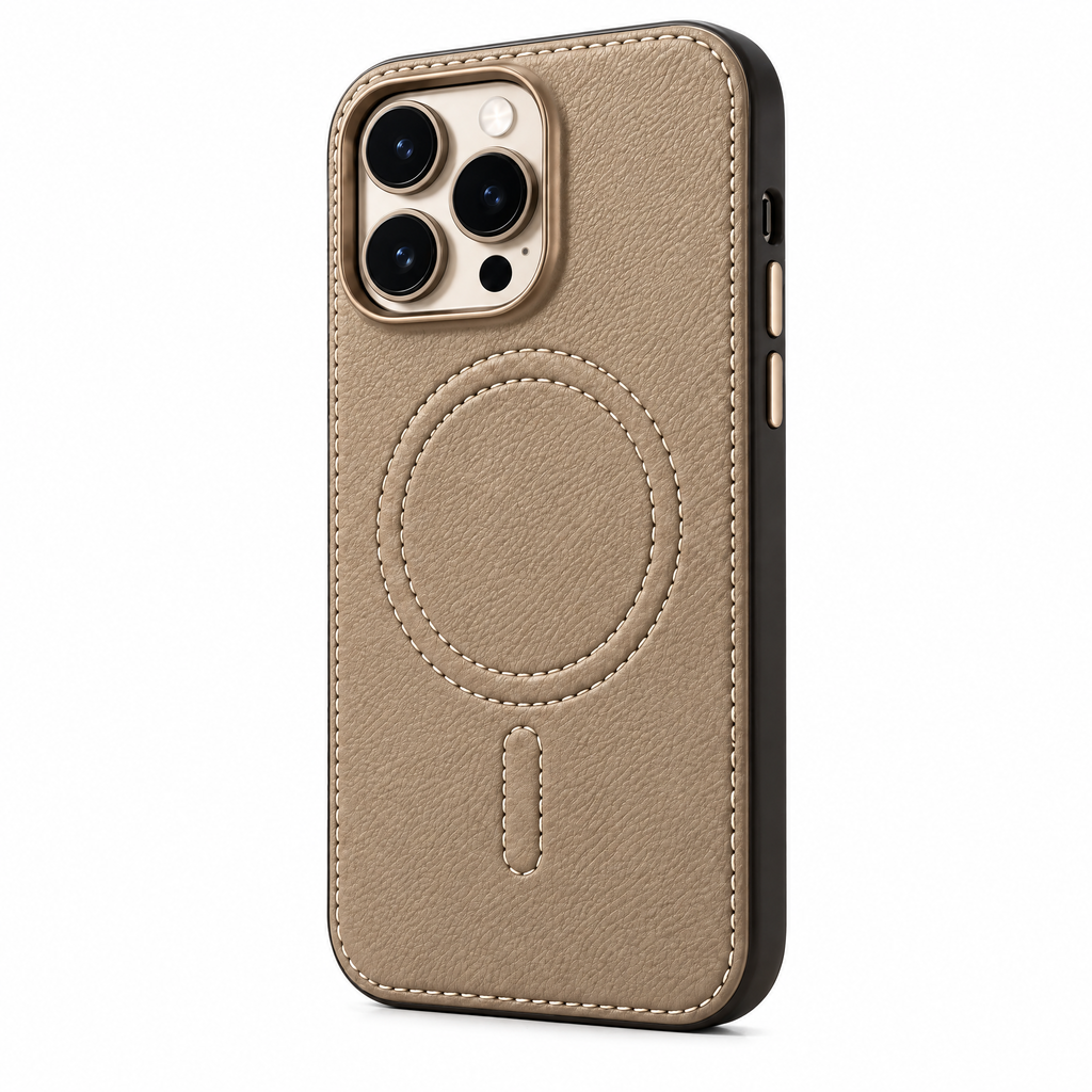 Taupe Pebbled Leather-Look Magnetic Phone Case — close-up