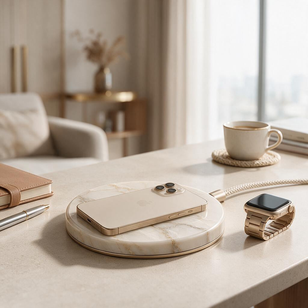 Ivory Marble Wireless Charging Pad — lifestyle view