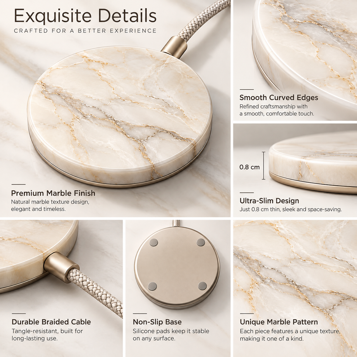 Ivory Marble Wireless Charging Pad — design details