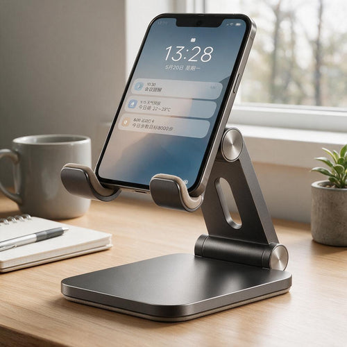 Graphite & Sand Adjustable Desktop Phone Stand — lifestyle view