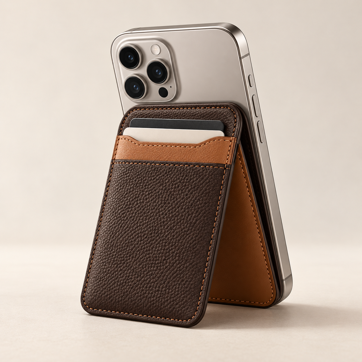 Espresso & Camel Magnetic Wallet Stand — main view